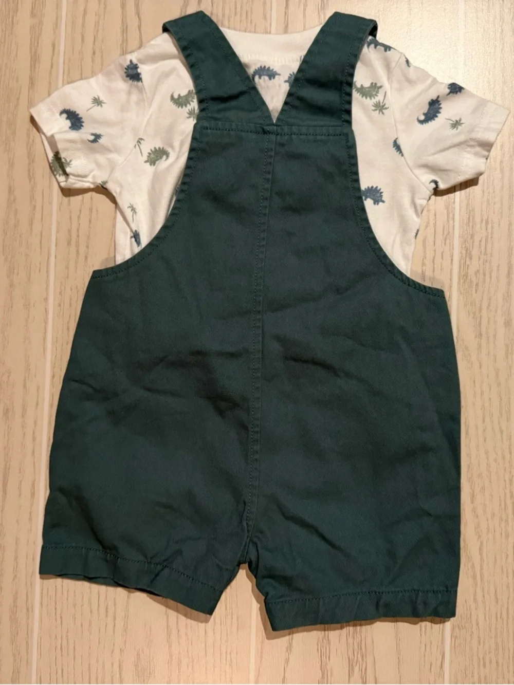 Carters Baby Boy 12M Dino Outfit Shortall Set Green‎ Overalls Shirt EUC